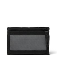 Black zipper pouch with a mesh front panel. Features sturdy fabric, a zip closure, and a small loop attachment on the side.