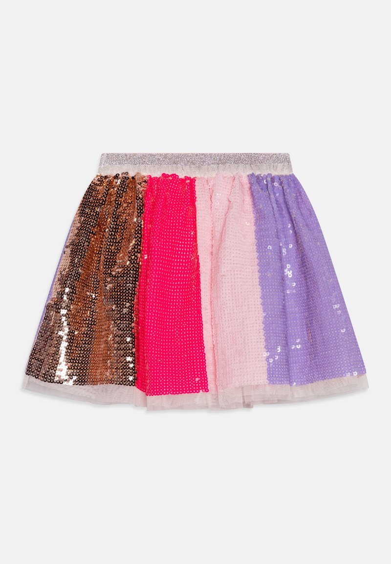 Jupe avec des panneaux verticaux en sequins bronze, rose vif, rose clair et lavande, dotée d'une ceinture élastique argentée et d'un ourlet en tulle.