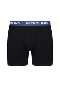 Svarta boxershorts i bomull med en blå elastisk midja som har texten "PETROL IND." och förstärkta sömmar.