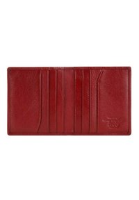 Portafoglio in pelle rossa caratterizzato da più scomparti per carte, una trama liscia e un dettaglio in rilievo del logo, con un design sottile e rettangolare.