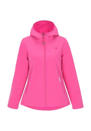 Lys pink softshell jakke med hætte, lynlås foran og to sidelommer. Har en glat tekstur og justerbar snor.