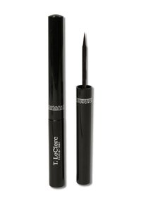 Eyeliner liquido nero in un elegante tubo lucido con una punta applicatrice affilata. L'etichetta presenta testo bianco con un bordo decorativo.