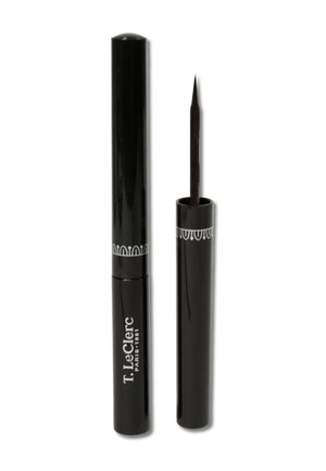 Eyeliner liquide noir dans un tube élégant et brillant avec un embout applicateur pointu. L'étiquette présente un texte blanc avec une bordure décorative.