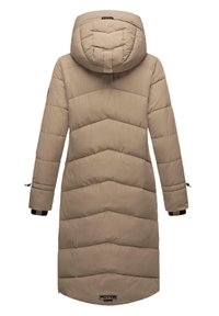 Beige puffer coat with a hood, featuring a chevron quilted design and elastic cuffs. Logo patch near the hem. Long, straight silhouette.