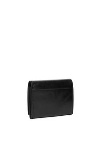 Portafoglio in pelle nera con texture liscia, forma rettangolare e design minimalista, dotato di una singola tasca esterna e cuciture ordinate.
