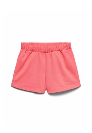 Koraalroze korte broek met elastische tailleband, zijzakken en een kleine "merci" borduring op het linkeronderbeen.