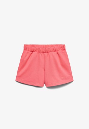 Koraalroze korte broek met elastische tailleband, zijzakken en een kleine "merci" borduring op het linkeronderbeen.