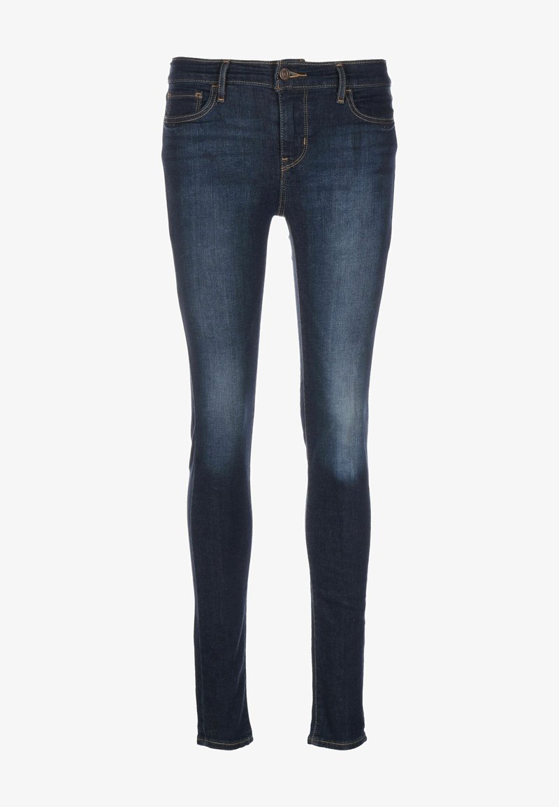Jean skinny bleu foncé avec un effet délavé sur les cuisses, poches avant, passants de ceinture et fermeture par bouton et zip.
