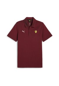 Bordový polokošeľa vyrobená z bavlnenej zmesi; má tri gombíky na léze, krátke rukávy a biele logo Puma vedľa žltého emblému Ferrari.