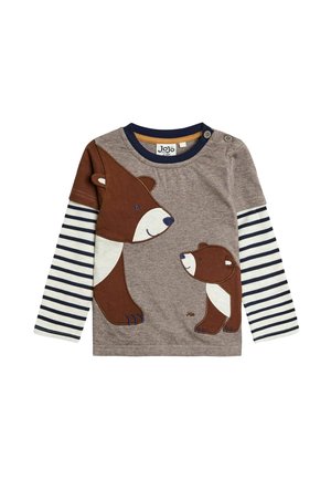 Langærmet skjorte med et applikationsdesign af en brun bjørn og dens unge, med stribede ærmer i marine og cremefarver. Fremstillet af blødt stof.
