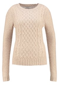 Beige Strickpullover mit Kabelmuster, langen Ärmeln, rundem Halsausschnitt und geripptem Saum. Weiche Textur mit leichter Optik.