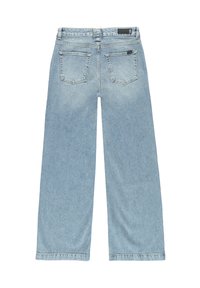 Lichtblauwe denim wijde jeans met een hoge taille, voorzien van twee achterzakken en een nette afwerking langs de zoom. De hoofdstof is soepel.
