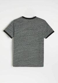 Szara koszulka z krótkim rękawem w kolorze heather z czarnym wykończeniem dekoltu i mankietów, widoczna z tyłu na białym tle.