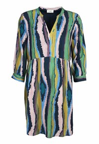 Mehrfarbiges Kleid mit V-Ausschnitt, langen Ärmeln und gerafftem Taillenteil. Der Stoff hat ein strukturiertes Muster mit Streifen in Grün, Blau, Pink und Schwarz.