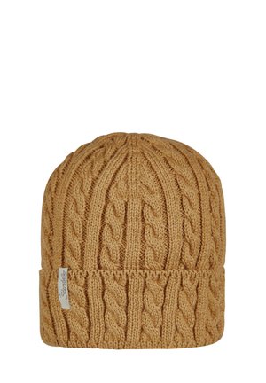 Strickmütze in warmem goldbraun mit einem strukturierten Zopfmuster. Verfügt über einen umgeschlagenen Saum und ein kleines Markenetikett an der Seite.