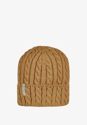 Strickmütze in warmem goldbraun mit einem strukturierten Zopfmuster. Verfügt über einen umgeschlagenen Saum und ein kleines Markenetikett an der Seite.