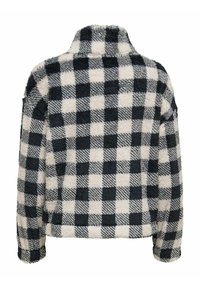 Pull-over en polaire à motif à carreaux noir et crème. Il présente un col montant, une coupe ample et un tissu doux et texturé.
