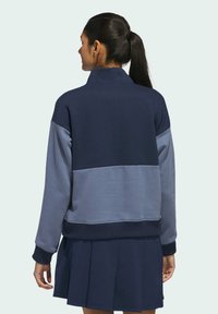 Marineblauwe en lichtblauwe kleurgebroken sweatshirt met een hoge kraag en geribde manchetten, gecombineerd met een donkere rok. Zachte stoftextuur zichtbaar.
