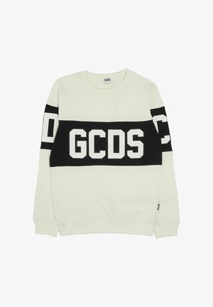 Weißes Sweatshirt mit einem schwarzen Querstreifen und dem Schriftzug "GCDS" in weißen Blockbuchstaben. Gerippte Bündchen und Halsausschnitt, weiche Textur.