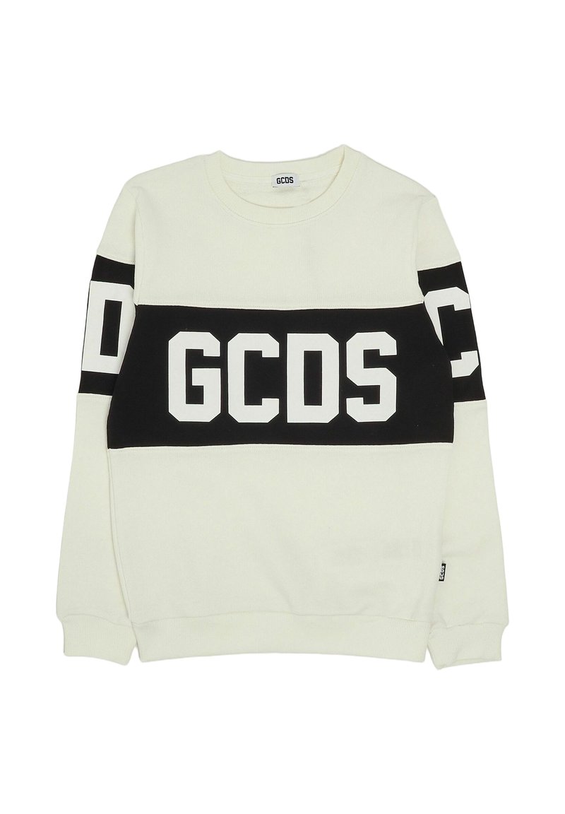 Weißes Sweatshirt mit einem schwarzen Querstreifen und dem Schriftzug "GCDS" in weißen Blockbuchstaben. Gerippte Bündchen und Halsausschnitt, weiche Textur.