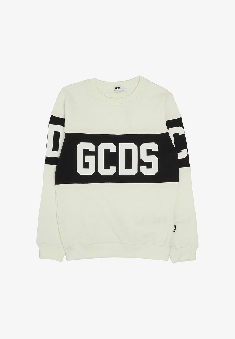 Weißes Sweatshirt mit einem schwarzen Querstreifen und dem Schriftzug "GCDS" in weißen Blockbuchstaben. Gerippte Bündchen und Halsausschnitt, weiche Textur.