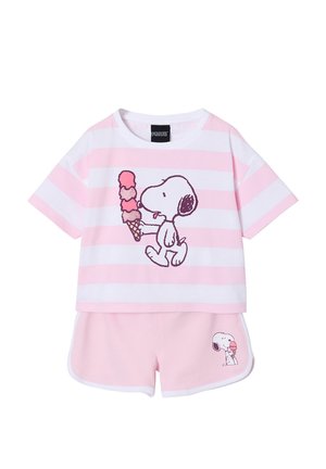 Children's pink and white striped t-shirt and shorts set featuring Snoopy holding an ice cream cone on both top and shorts.