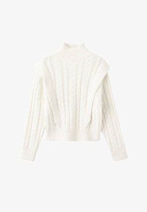 Bijela pletena vestica s visokim ovratnikom, koja ima teksturirani uzorak pletenice i rebraste manšete i donji rub. Klasičan, robusan stil.
