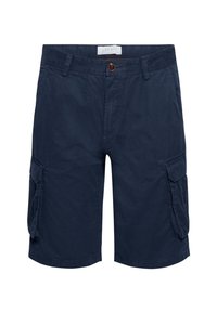 Shorts cargo bleu marine en coton, dotés de deux poches latérales, d'une fermeture à bouton et d'une taille plate. Design simple et fonctionnel.