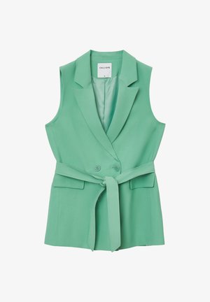 Gilet senza maniche verde menta con chiusura a doppio bottone, tasche frontali e una cintura in tessuto abbinata per una vestibilità regolabile.