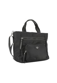 Borsa tote nera in nylon con doppi manici superiori, tracolla rimovibile, tasca frontale con zip e un piccolo scomparto frontale con accento del logo.