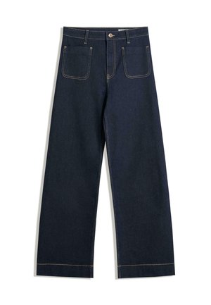 Tmavomodré široké džínsy vyrobené z denimu s kontrastným hnedým prešívaním, dvoma zadnými vreckami a zapínaním na gombík v páse.