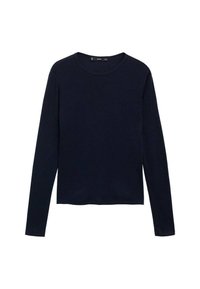 Marineblaues langärmeliges Shirt aus weichem Baumwollstoff. Hat einen runden Halsausschnitt und einen geraden Saum ohne Muster oder Akzente.