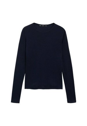 Marineblauw langemouwen shirt gemaakt van zachte katoen. Heeft een ronde halslijn en een rechte zoom zonder patronen of accenten.