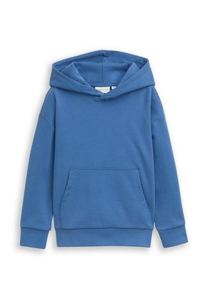 Sweat à capuche bleu à enfiler avec poche kangourou devant, manches longues, poignets côtelés et capuche, présenté sur fond blanc.