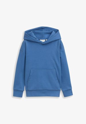 Sweat à capuche bleu à enfiler avec poche kangourou devant, manches longues, poignets côtelés et capuche, présenté sur fond blanc.