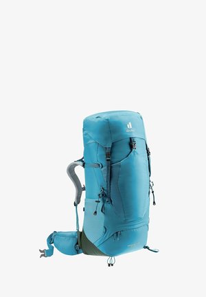 Türkiser Wanderrucksack mit einem schlanken Design, mehreren Taschen, grauen Akzenten und einem verstellbaren Tragesystem. Hergestellt aus strapazierfähigem, wetterfestem Material.