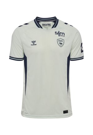 Hvid fodboldtrøje med marineblå detaljer, HAC klublogo, Hummel-mærke og sponsorlogoer, korte ærmer og rund hals med striber.