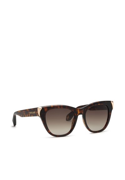 Katzenaugen-Sonnenbrille mit Schildpattoptik, braunen Verlaufsgläsern und goldenen Akzenten an den oberen Ecken und Bügeln.