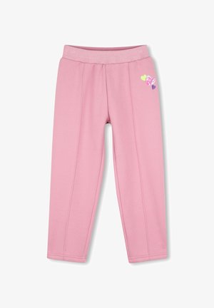 Roze kindertights met een geribde tailleband en drie kleine hartvormige motieven op het bovenste linkerbeen.