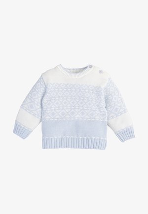 Pull en laine tricoté pour bébé de couleur bleu clair avec un motif blanc, col et poignets côtelés, dotés de deux boutons à l'épaule pour un habillage facile.
