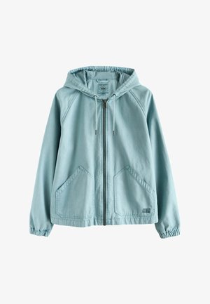 Világoskék cipzáras kapucnis pulóver húzózsinórokkal, két első zsebbel, rugalmas mandzsettákkal és laza szabással.