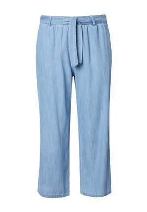 Lyseblå vidde bukser med stoftaljebånd og elastisk talje med rynk, lavet af blødt denimlignende materiale.