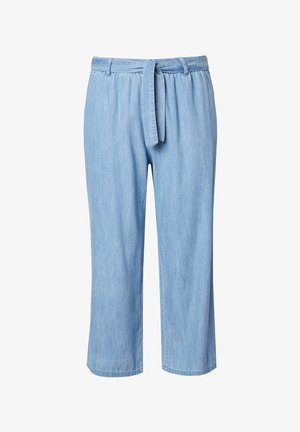 Hellblaue, weit geschnittene Hose mit Stoffbund und elastischem, gerafftem Bund, aus weichem, denimähnlichem Material gefertigt.