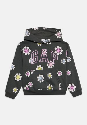 Sweat à capuche enfant gris foncé avec des motifs floraux souriants colorés et le logo "GAP" en contour rose sur le devant, avec une poche avant et une capuche.
