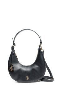 Sac à main en cuir noir avec une forme incurvée, doté d'une fermeture éclair, d'une bandoulière réglable et d'accents en métal doré. Détail de logo notable inclus.