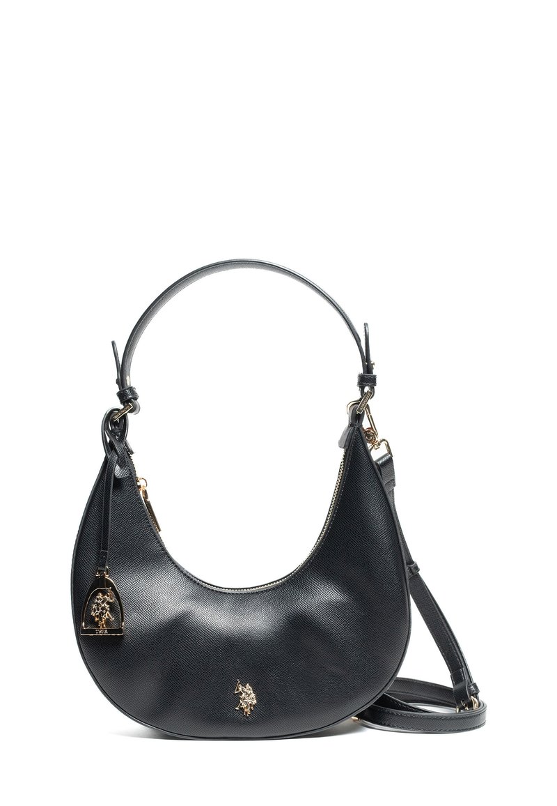 Sac à main en cuir noir avec une forme incurvée, doté d'une fermeture éclair, d'une bandoulière réglable et d'accents en métal doré. Détail de logo notable inclus.