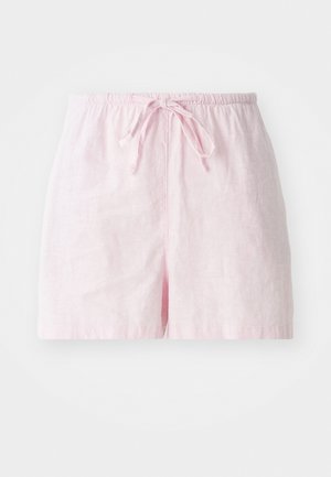 Roze linnen shorts met een elastische tailleband en een relaxte pasvorm, gemaakt van een gladde stof. Geen zakken of zichtbare sluitingen.
