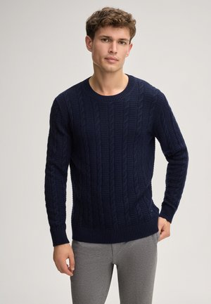 Marineblauer Zopfstrick-Pullover mit Rundhalsausschnitt, gerippten Bündchen und Saum, der ein strukturiertes Muster zeigt. Das Model trägt dazu graue, eng anliegende Hosen.