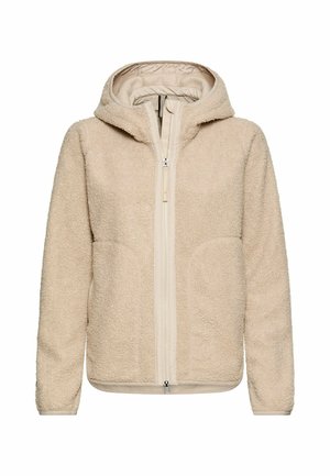 Beige hættetrøje med blødt, tekstureret stof, fuld lynlås foran og lange ærmer, designet til varme og komfort.