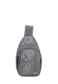 Sac à dos bandoulière en tissu gris avec une finition texturée ; comprend un compartiment principal et deux poches zippées ; marqué "WITTCHEN".